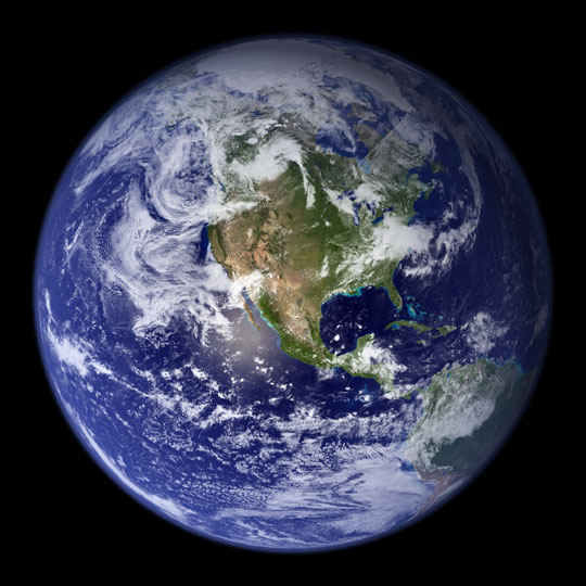 Photograph of earth's western hemisphere from space.